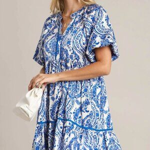 SUMMER PAISLEY PRINT V NECK SHORT SLEEVE WOMEN DRESS BALLOON SLEEVE SUMMER DRESS